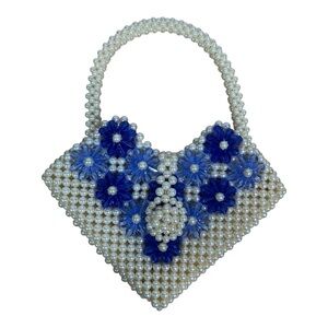 Vintage Style 60s Beaded Pearl Handbag Blue Floral Clasp Purse Retro Evening Bag